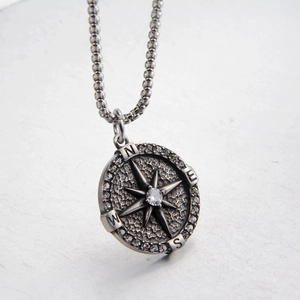Retro compass pendant necklace in titanium steel with zircon inlay and silver finish