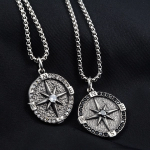 Vintage Stainless Steel Compass Pendant Necklace For Couples Retro Star Compass Pave Rhinestone Personalized Fashion Jewelry Unisex