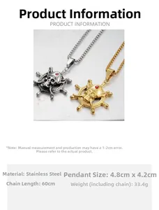 Detailed view of stainless steel pirate skull rudder pendant with dimension measurements