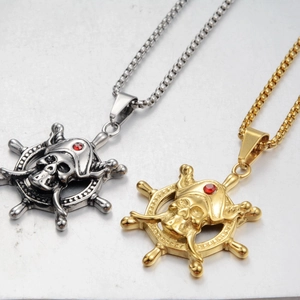 Retro Stainless Steel Pirate Skull Pendant Necklace With Red Rhinestone Polished Ship Rudder Gothic Punk Jewelry For Men Women