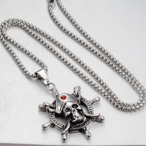 Gothic pirate skull pendant necklace with red crystal and ship wheel on stainless chain