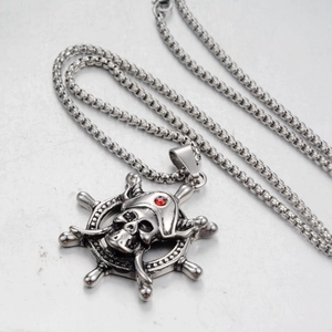 Vintage pirate ship wheel necklace with skull and red crystal in stainless steel