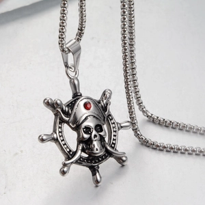 Vintage pirate skull and ship wheel pendant necklace in stainless steel with red rhinestone