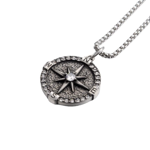 Vintage compass pendant necklace with north star design and crystals in silver steel