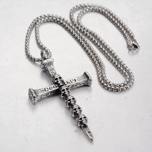 Collier croix tête de mort punk gothique en acier inoxydable argenté avec chaîne box