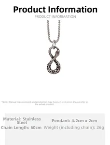 Detailed view of stainless steel infinity snake pendant with dimensions and chain length