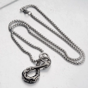 Vintage stainless steel infinity snake pendant necklace with retro engraved details