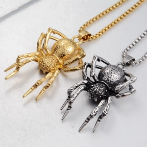 Punk style stainless steel spider pendant necklaces in gold and antique silver finishes
