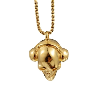 Punk-Edelstahl-Totenkopf-Anhänger-Halskette mit goldenen Kopfhörern an einer Box-Kette