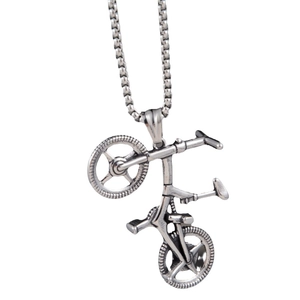 Industrial vintage stainless steel bicycle pendant necklace with antique silver finish