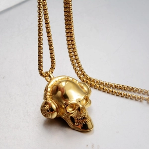Hip-Hop Gold-Totenkopf-Anhänger mit Kopfhörern und Box-Kette aus Edelstahl-Metall