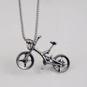 Retro stainless steel bicycle pendant necklace with vintage silver finish on bead chain