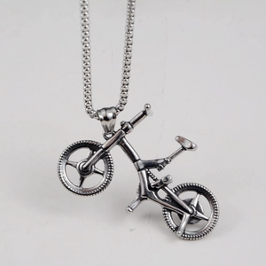 Vintage stainless steel bicycle pendant necklace with antique silver finish bead chain