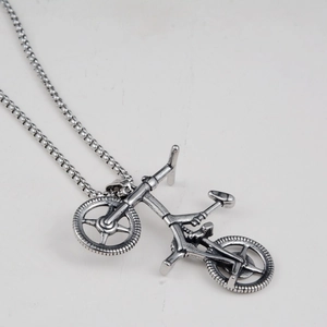 Vintage stainless steel bicycle pendant necklace with antique silver finish for men and women