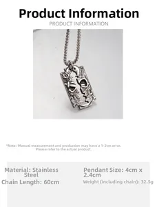Detailed specs of stainless steel skull razor pendant necklace with 60cm chain length