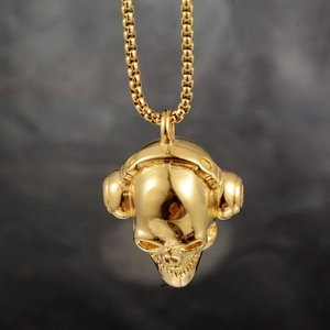 Hip Hop Edelstahl Totenkopf Mit Kopfhörern Anhänger Halskette Punk Gothic Gold Strass Musik Schmuck Für Herren Damen