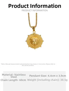 Detailed view of embossed lion head pendant in gold stainless steel with dimensions