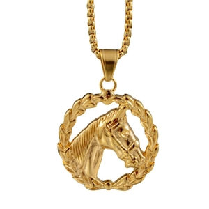 Collier punk en acier inoxydable doré avec pendentif tête de cheval et couronne de laurier