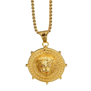 Golden stainless steel lion head relief pendant necklace with box chain for men and women