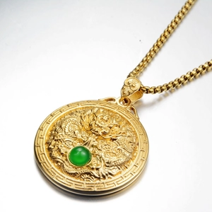 Chinese Style Titanium Steel Dragon Playing Pearl Pendant Necklace Retro Round Medallion Relief Inlaid Bead Jewelry For Men Women