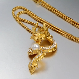 Golden dragon pendant necklace with white crystals, large pearl and thick box chain