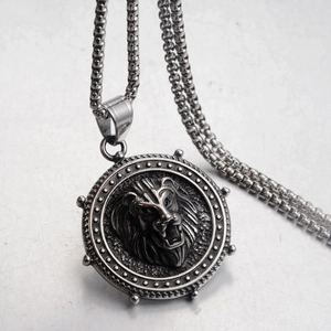 Industrial 3D lion head medallion necklace in vintage silver finish on thick chain