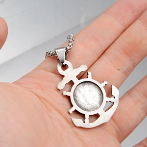 Handheld vintage nautical anchor and helm pendant necklace with stainless steel box chain