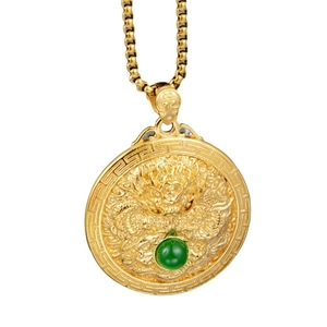 Golden dragon totem round pendant necklace with green gemstone and box chain inlay