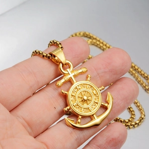 Vintage nautical compass pendant necklace with anchor and ship wheel in gold finish