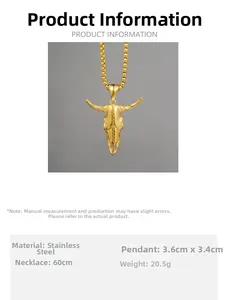 Detailed size chart of golden bull skull pendant with dimensions and 60cm stainless chain