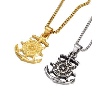 Vintage nautical compass and anchor pendant necklace for men and women in gold and silver