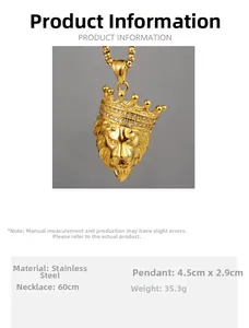 Detailed specs of gold lion head crown pendant in stainless steel with dimensions