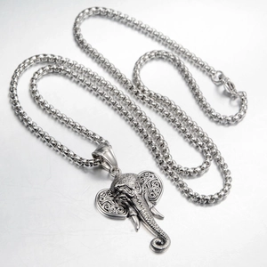 Collana con ciondolo testa di elefante in acciaio inossidabile retrò e catena a scatola