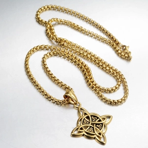 Golden Viking Celtic knot pendant necklace with polished box chain for men in punk style