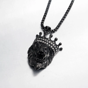 Men's punk lion head necklace with crown rhinestones and black box chain jewelry