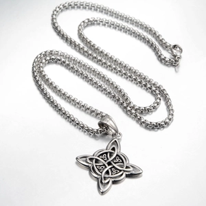 Detailed macro view of silver Celtic Knot pendant with a robust steel box chain link