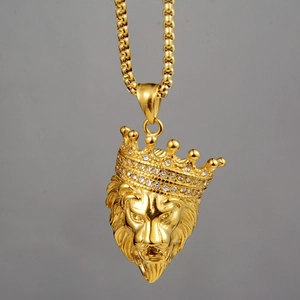 Golden lion head crown pendant necklace with white crystal rhinestones for men