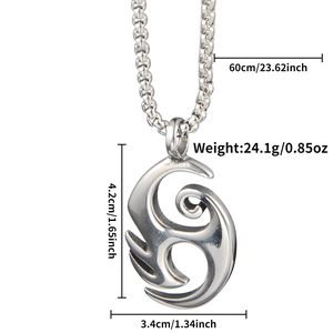 Detailed view of unisex titanium flame pendant necklace with precise size measurements