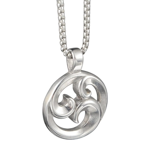 Hip hop silver stainless steel necklace with a circular triskelion vortex pendant
