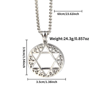 Close-up of hollow hexagram pendant with scroll patterns and detailed size measurements