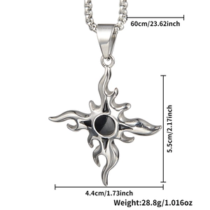 Detailed view of silver flame cross pendant with dimensions and chain length info