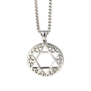 Vintage silver hollow hexagram star pendant necklace with filigree detail on a steel chain
