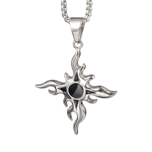 Hip hop titanium steel flame cross pendant necklace with black gemstone and pearl chain