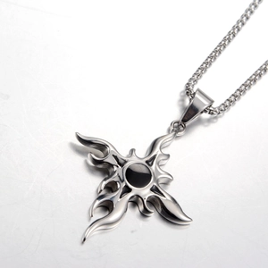 Gothic flame cross necklace with black center stone on a durable steel box chain