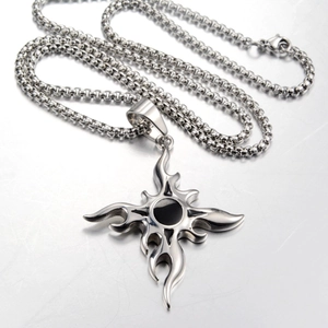 Unisex stainless steel flame cross star pendant necklace with chunky silver chain