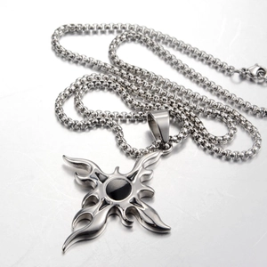 Hip hop style titanium steel flame cross pendant with black gemstone on box chain
