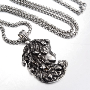 Collier avec pendentif tête de Méduse hip-hop en acier argenté avec grosse chaîne popcorn
