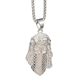 Hip hop pharaoh pendant necklace with white crystals and silver bead chain