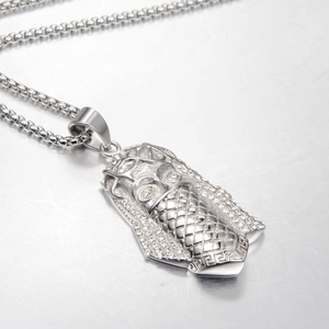 Hip hop style silver stainless steel Pharaoh pendant necklace with sparkling crystal inlay