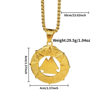 Detailed view of Viking Valknut pendant necklace with Runic alphabet and 60cm box chain
